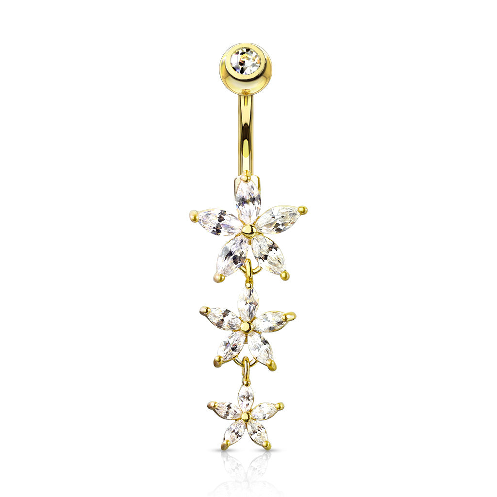 Triple Marquise CZ Flowers Dangle with Gemmed Top 316L Surgical Steel Belly Button Navel Rings